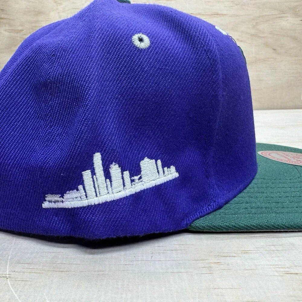 NEW DAMAGED Milwaukee Bucks Mitchell Ness HWC Snapback Purple Green OSFM